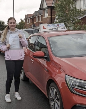 A big congratulations to Chloe Jane. Chloe passed her driving test today at Cobridge Driving Test Centre. First attempt and with just 1 driver fault.<br />
Well done Chloe- safe driving from all at Craig Polles Instructor Training and Driving School. 🙂🚗<br />
Driving instructor-Greg Tatler